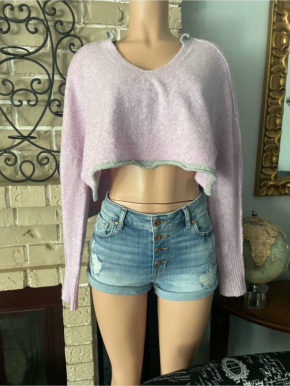 BDG Urban Outfitters Lavender & Heather Grey Crop V-Neck Sweater XS
